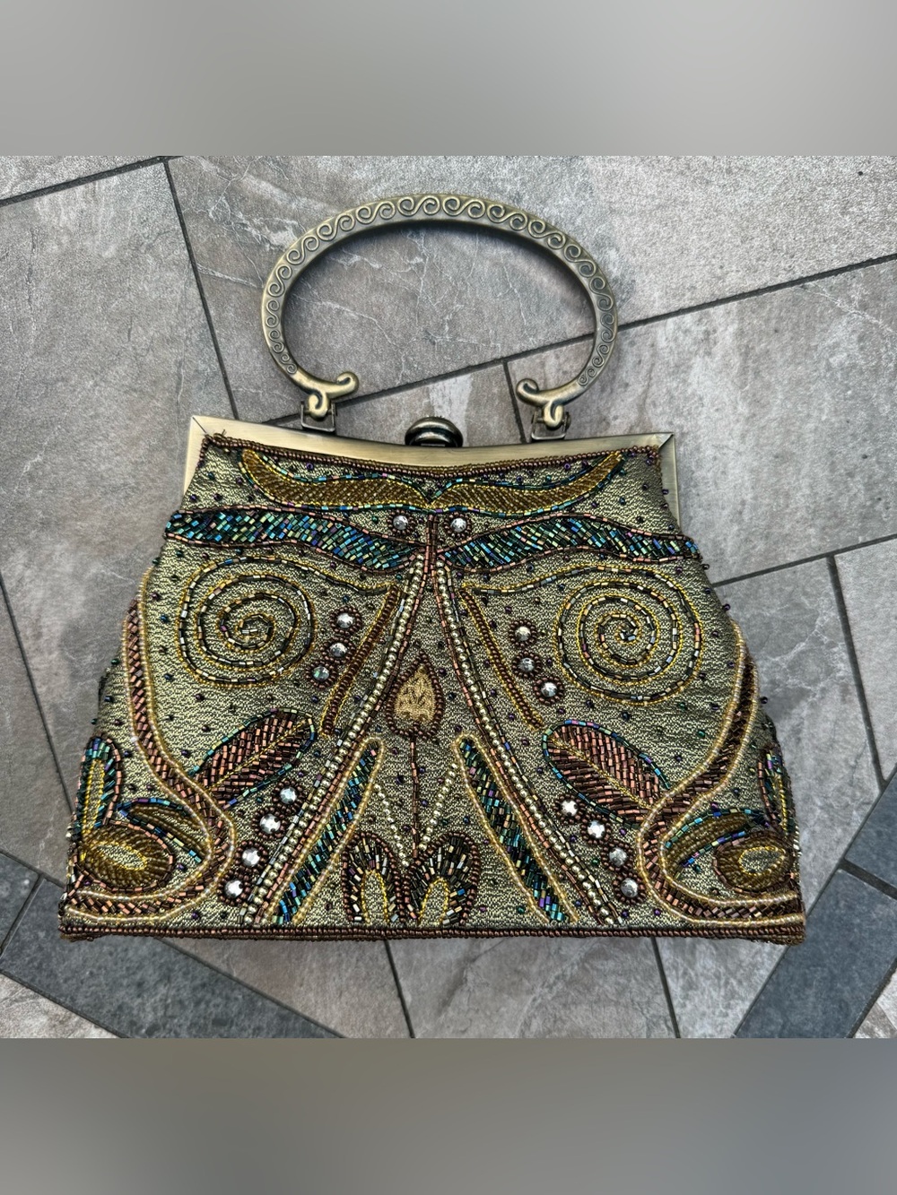 Vintage Fully Beaded Owl Metallic Gold Evening Clutch with Decorative Handle - Picture 9 of 16